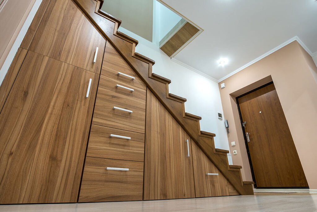 hallway with glossy wooden stairs