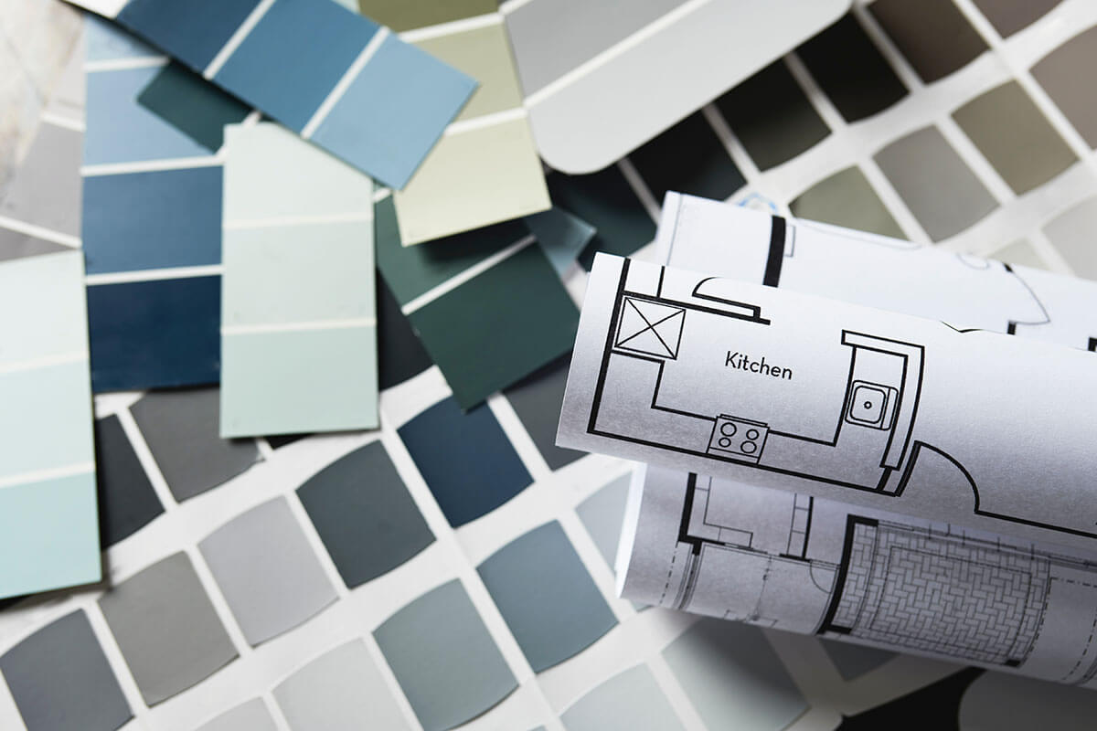 paint samples with kitchen blueprint for remodeling